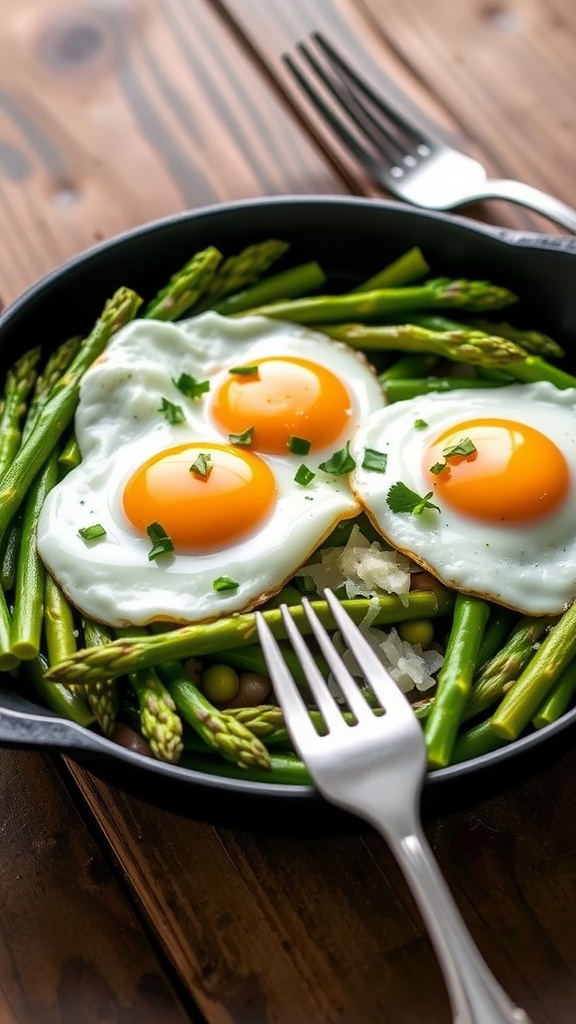 Breakfast skillet with sautéed asparagus and sunny-side-up eggs, garnished with herbs and cheese on a wooden table.